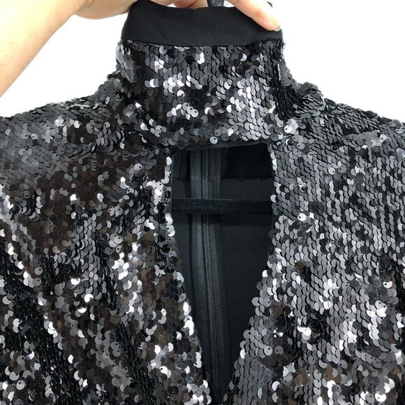 NWT PINKO Black Long Sleeve Stretch Asymmetric Hem Mini Sequin Dress Sz 12/EU 44 - Picture 5 of 16